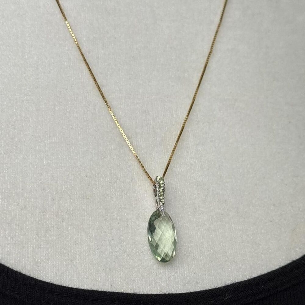 14K Italian Yellow Gold Chain & 14K White Gold Green Amethyst Pendant Necklace